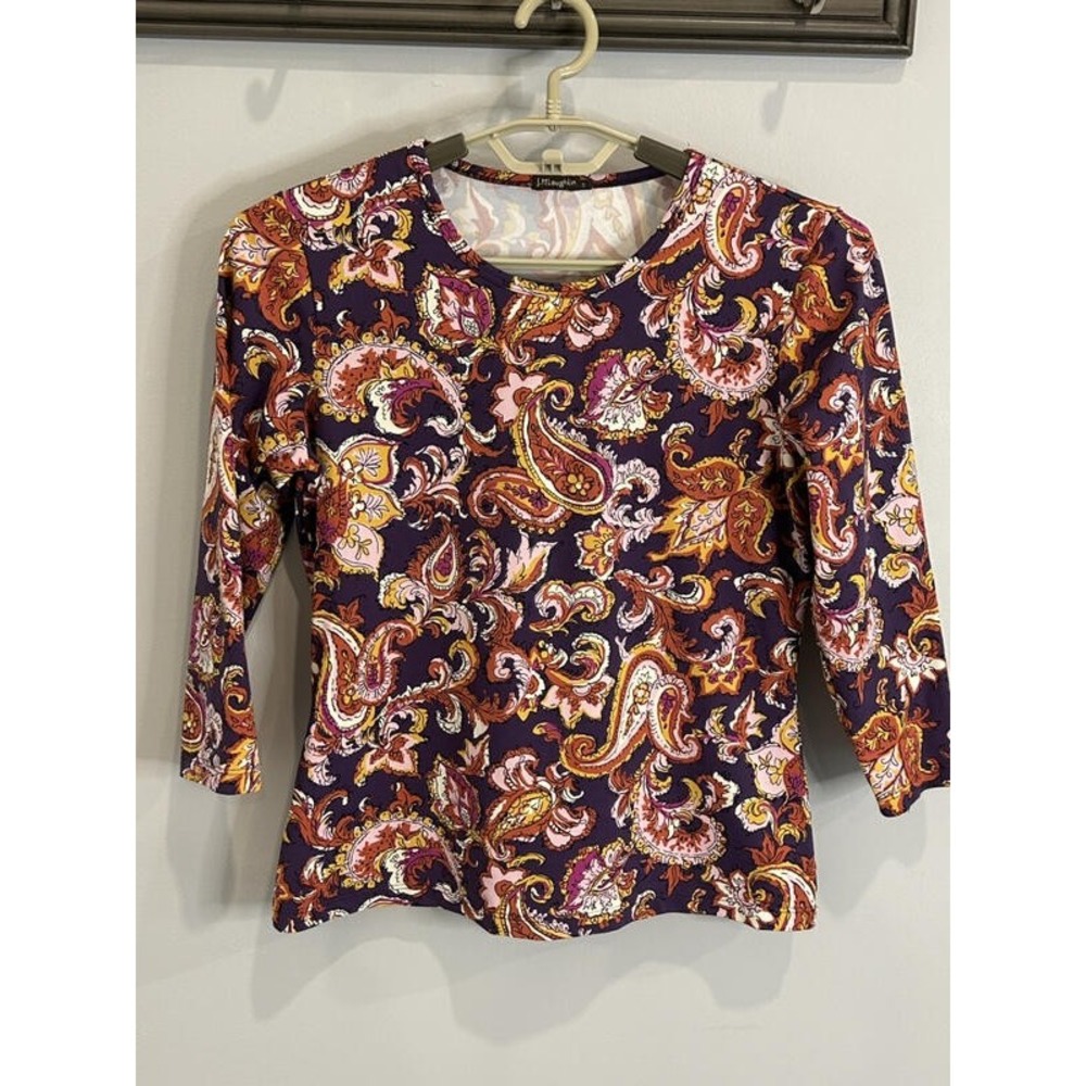 J McLaughlin Catalina Cloth Purple Paisley Pink Orange 3/4 Sleeve Top Fall S